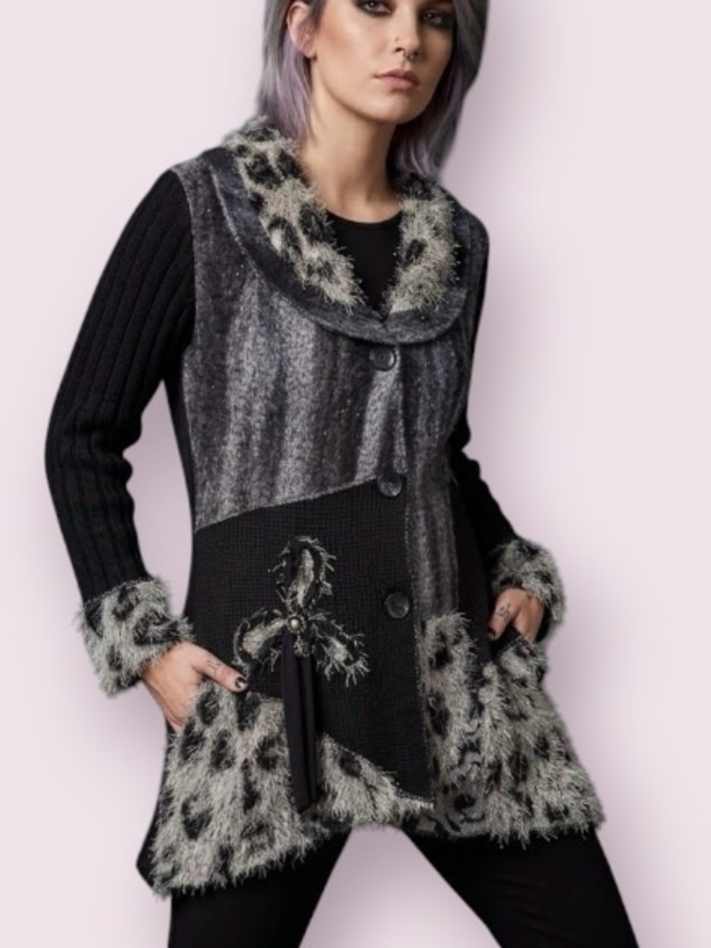 Milano Longline Mixed Media Cardigan Sweater Boho Whimsigoth Black Size 18/20